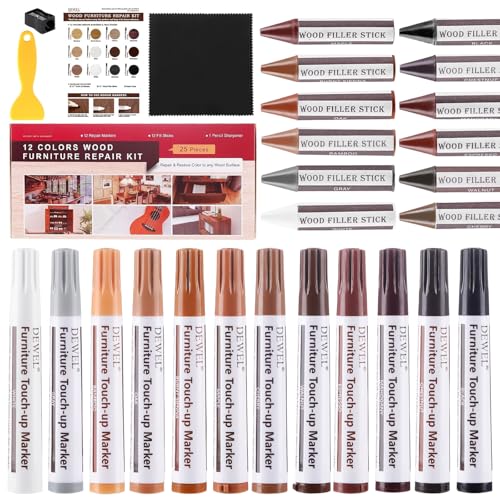 DEWEL Wood Furniture Markers & Filler Sticks Repair Kit, New Improved 12 Colors Touch Up Markers and Crayons - Covering Damaged Wooden Surfaces and Floors, for Pets Scratches, Stains, Cracks and Dents - color: Black, Gray, Maple, Oak, Cherry, Walnut, Maho