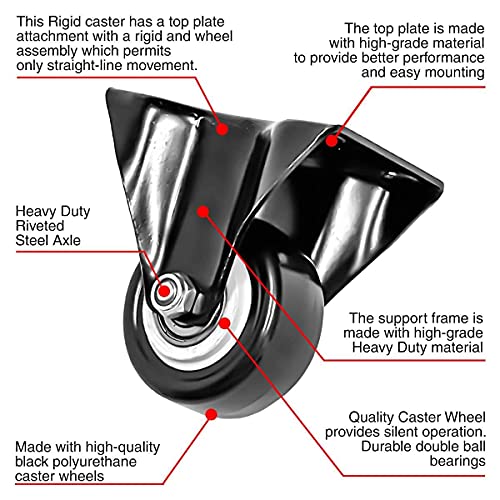 FactorDuty 8 Pack 2 inch Caster Wheels Rigid Fixed Stationery Non Swivel All Black Polyurethane Wheels Premium Non Marking No Noise 150LB Per Wheel - size: 2" Rigid