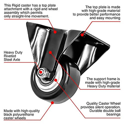 FactorDuty 8 Pack 2 inch Caster Wheels Rigid Fixed Stationery Non Swivel All Black Polyurethane Wheels Premium Non Marking No Noise 150LB Per Wheel - size: 2" Rigid