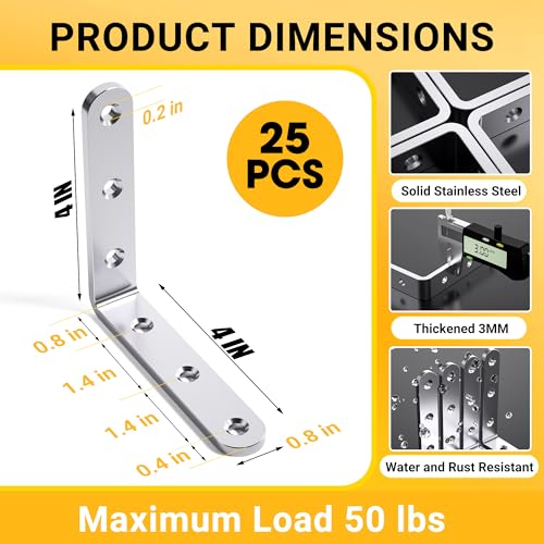 25Pcs Stainless Steel Angle Brackets 4”x 4” Heavy Duty Corner Brackets - size: Silver-4x4 Inch