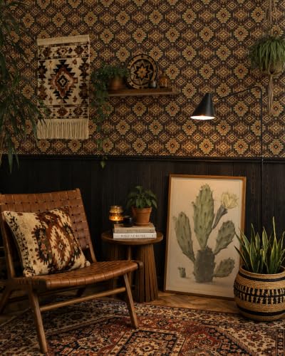 Tribal Geometric Black Peel and Stick Wallpaper Removable Boho 9in×19.7ft - color: Tribal Black