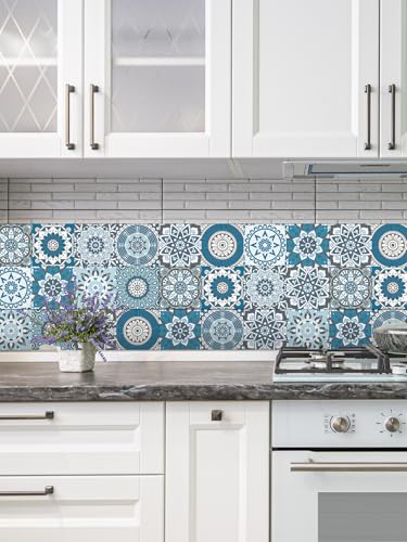 Peel Stick Vinyl Moroccan wall Tile Decals 6x6in Stick on backsplash,24Pc - color: Cyan Mandala 6x6
