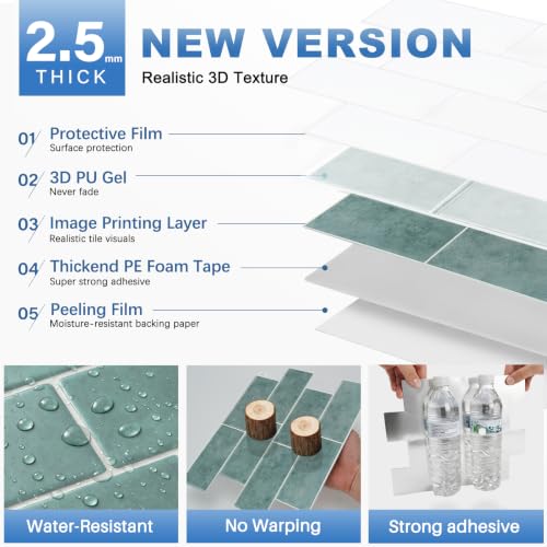 Thicker Design Peel and Stick Backsplash Tile，Self Adhesive Wall Tiles for Kitchen & Bathroom (10 Sheets, Cyan Blue) - color: Cyan Blue