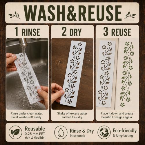 Flower Border Stencil Template - Reusable Decorative Flower Stencils for Painting on Glass, Wood, Wall Rock, Walls, Canvas, Glassware, Spray Painting, Wall Painting (3 x12)