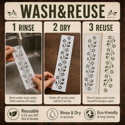 Flower Border Stencil Template - Reusable Decorative Flower Stencils for Painting on Glass, Wood, Wall Rock, Walls, Canvas, Glassware, Spray Painting, Wall Painting (3 x12)