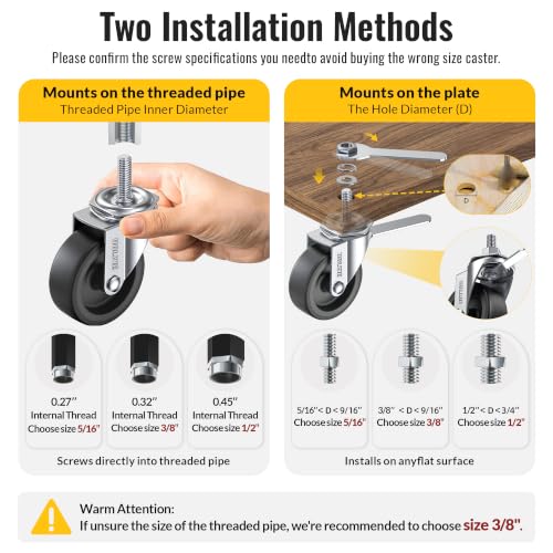 HOLKIE Caster Wheels 3 inch with No Brake Stem Casters, 1/2" -13 x 1-1/4" (Stem Diameter 1/2", Stem Length 1-1/4") Threaded Swivel Casters Set of 4 Heavy Duty Castors Black - color: Black-4Pack, size: 1/2" -13 x 1-1/4"