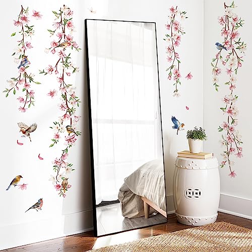 decalmile Pink Flower Vine Leaves Birds Sofa TV Wall Decals Stickers - color: A