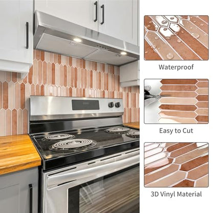 10 Sheet Long Hexagon Peel and Stick Backsplash Tile, 12"x12" 3D Adhesive Glossy Marble Vinyl Stick on Wall Tiles for Bathroom, Kitchen, Living Room (Beige, 12" x 12") - color: Beige
