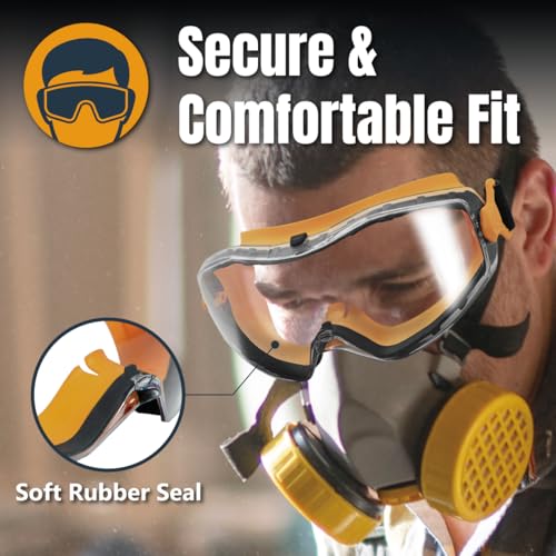 POWERTEC Safety Goggles, Scratch Proof UV Protection Anti-fog Safety Goggles, Chemical Splash Protective Eyewear W/Adjustable Headband for Woodworking, Mowing, Construction (71563)