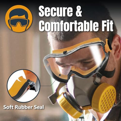 POWERTEC Safety Goggles, Scratch Proof UV Protection Anti-fog Safety Goggles, Chemical Splash Protective Eyewear W/Adjustable Headband for Woodworking, Mowing, Construction (71563)