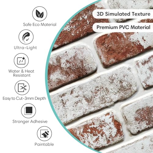 Commomy Faux Brick Peel and Stick Thin PVC 10 Pcs 11.8" x 11.8",Red - color: Brick-YH