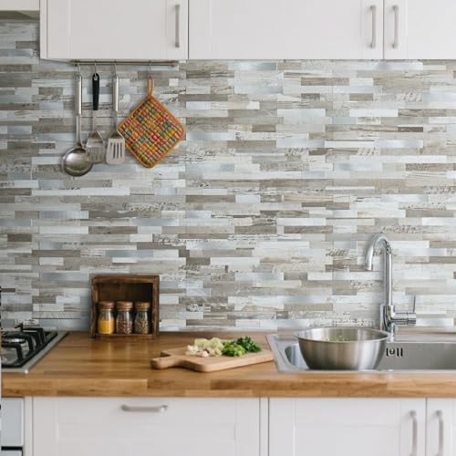 AULIGET 20 Sheets Peel and Stick Backsplash, Coffee & Brown Wood Look PVC Mixed Metal Stick on Backsplash Tiles for Kitchen - color: Coffee & Brown Wood + Metal Silver, size: 20 Sheets, 6"x12"x0.12"