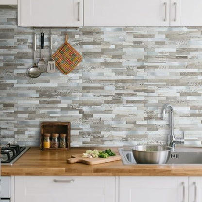 AULIGET 20 Sheets Peel and Stick Backsplash, Coffee & Brown Wood Look PVC Mixed Metal Stick on Backsplash Tiles for Kitchen - color: Coffee & Brown Wood + Metal Silver, size: 20 Sheets, 6"x12"x0.12"
