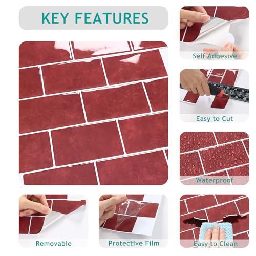 VEELIKE 12 Sheet Retro Red Peel and Stick Backsplash for Kitchen Subway Tile Backsplash Peel and Stick for Kitchen Wall Bathroom Waterproof Removable Red Ceramic Tile Sticker for Backsplash 12''x12'' - size: Box of 12 Tiles