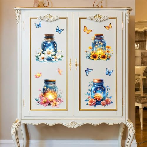 Peacoblue Mason Jar Butterflies Rub On Transfers for Furniture 6"x12" - style: Mason Jar With Flowers Fireflies And Butterflies