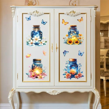 Peacoblue Mason Jar Butterflies Rub On Transfers for Furniture 6"x12" - style: Mason Jar With Flowers Fireflies And Butterflies