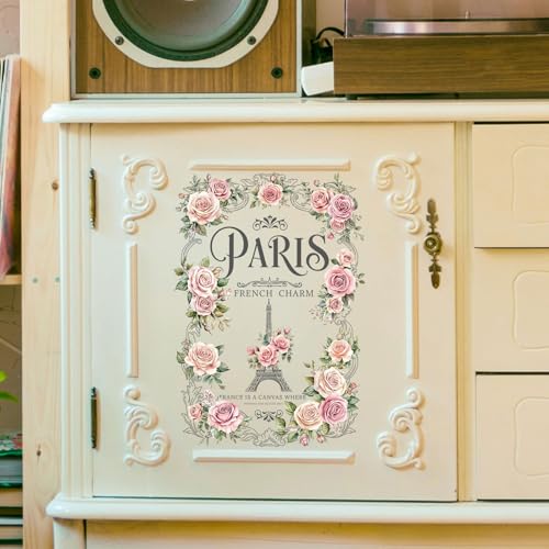 Peacoblue Floral Paris Tower Rub On Transfers for Furniture 6"x12" - style: Retro Floral Shading Paris Tower