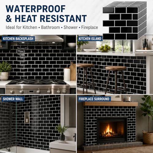 Zimtty Peel and Stick Subway Tile Backsplash for Kitchen Bathroom, Self Adhesive Wall Tiles, 10-Sheet 12"×12" - color: Black