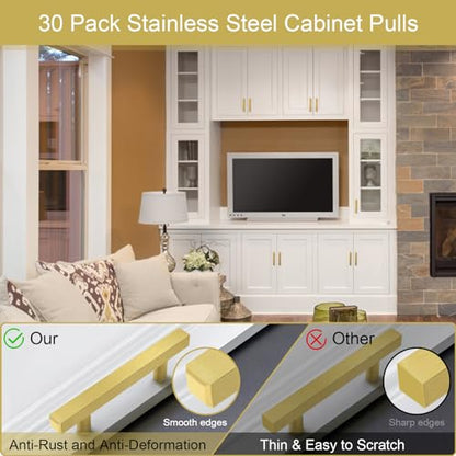 AEEKEL 30 Pack Brushed Brass Kitchen Cabinet Handles 5" Length Drawer Pulls - color: Gold, size: 3 In Hole Center