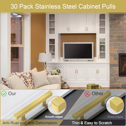 AEEKEL 30 Pack Brushed Brass Kitchen Cabinet Handles 5" Length Drawer Pulls - color: Gold, size: 3 In Hole Center