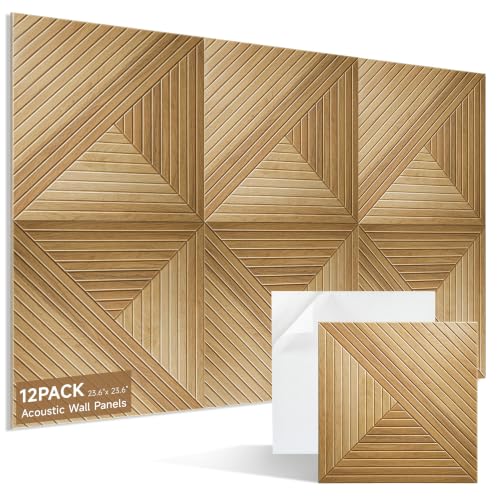 Acoustic Wall Panels, 12-Pack 23.62x23.62 in, Decorative Sound Absorbing Panels, Self-Adhesive for Wall/Ceiling, Noise Reduction Wall Art for Home Studio Office, Natural Oak - size: 12 Pack-23.6"*23.6"