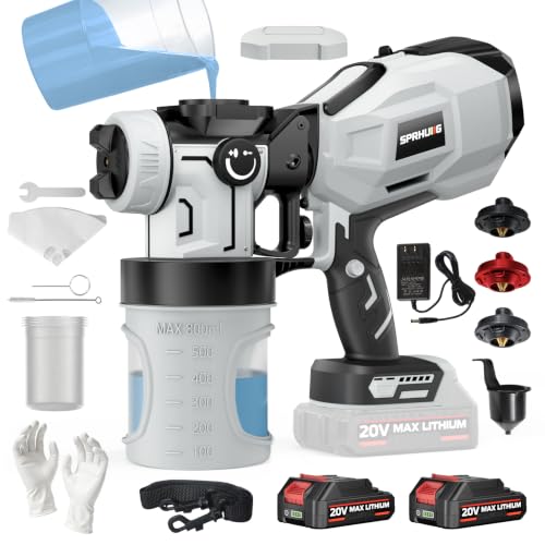Cordless Paint Sprayer with 2×2000mAh Batteries, 1200W HVLP Spray Gun with 3 Brass Nozzles & 5 Reusable Cups, Electric Sprayer for Furniture, Cabinets, Walls, Fence, and House Painting Grey - color: Gray
