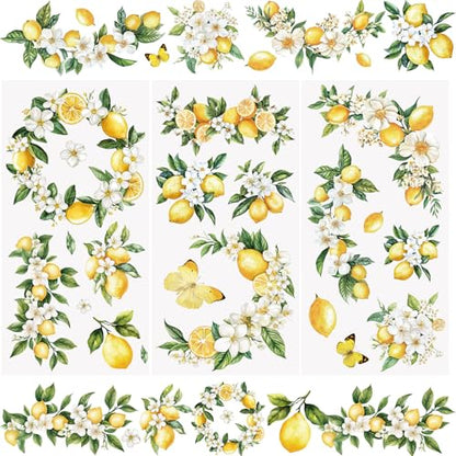 WANDIC 3 Sheets Rub On Transfer Stickers, Lemon Flowers Pattern Waterproof Decals Furniture Craft Embellishments for DIY Scrapbooking Photo Albums,15 * 30cm - color: Yellow