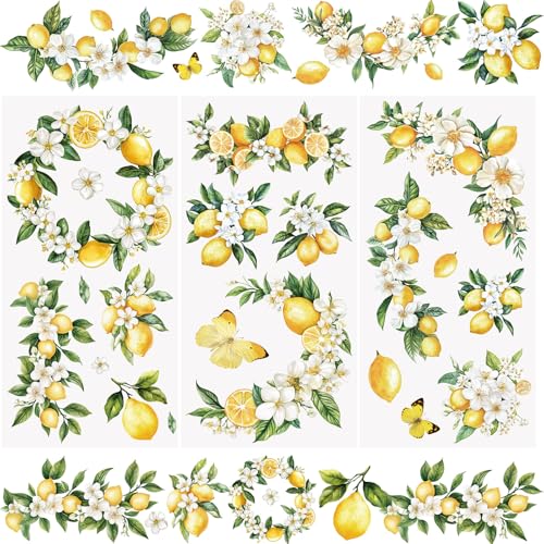 WANDIC 3 Sheets Rub On Transfer Stickers, Lemon Flowers Pattern Waterproof Decals Furniture Craft Embellishments for DIY Scrapbooking Photo Albums,15 * 30cm - color: Yellow