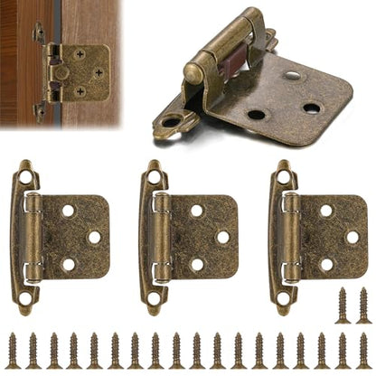 4 Pack (2 Pairs) Antique Brass Cabinet Hinges, 1/2 Inch Overlay Self-Closing Hinges for Kitchen Cupboard Cabinet Doors, Semi-Concealed Face Frame Mount Hardware - color: Antique Brass