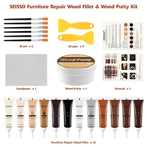 SEISSO Wood Furniture Repair Kit, 12 Colors Wood Fillers with White Putty - color: 12 + 1 Colors