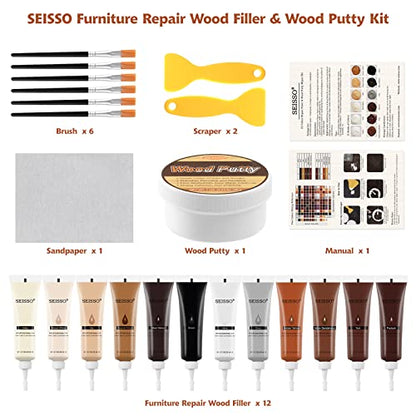 SEISSO Wood Furniture Repair Kit, 12 Colors Wood Fillers with White Putty - color: 12 + 1 Colors