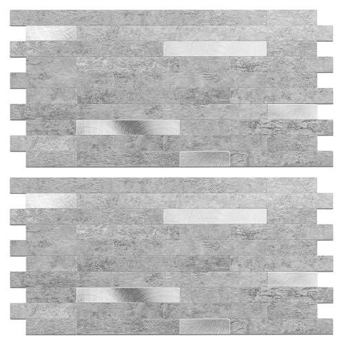 Peel and Stick Backsplash Tile Waterproof Removable PVC Wall Sticker 3D Faux Stone Marble Brick White Accent Panels (Matte Gray Stone - Metal Silver, 20 Tiles - 9 sq. ft. (0.84 M²)) - color: Matte Gray Stone - Metal Silver, size: 20 Tiles - 9 sq. ft. (0.8