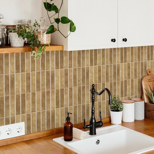 10 Sheets Thicker Design Peel and Stick Backsplash, Self Adhesive Wall Tiles, Stick on Backsplash for Kitchen and Bathroom, 11.8"x11.8", Light Brown - color: Light Brown