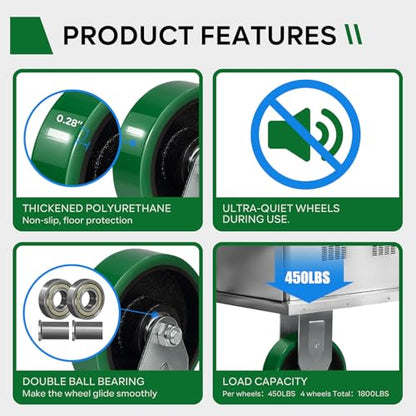 4" Industrial Caster Wheels, Heavy Duty Casters, Premium Thick Polyurethane Tread Cast lron Center, Non-Marking, for Cart, toolboxes, Each Caster Loads 450LBS(1 Rigid) - style: 1 Rigid