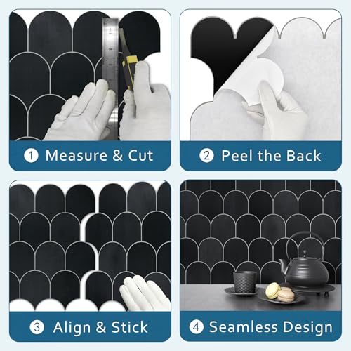 10-Sheet Fish Scale Peel and Stick Backsplash Tile, 11.4" x 10.9" Stone Composite Scallop Handmade Looks Self-Adhesive Wall Tiles for Kitchen Bathroom, Black Mixed - color: Black Mixed, size: Fish Scale