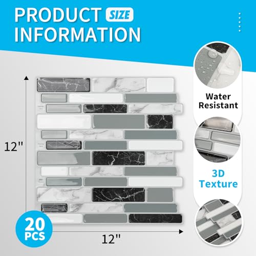 Art3d 12 x 12 Inch Vinyl Peel and Stick Backsplash, 20-Pack, Marble Grey - color: Gray Marble, size: 12" x 12" (20 Sheets)