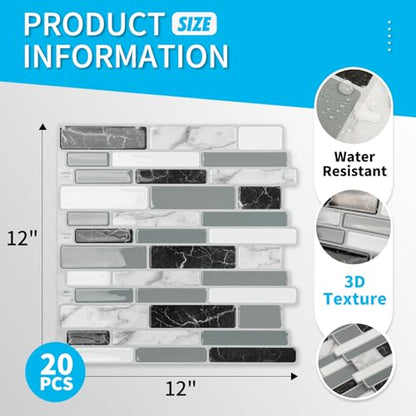 Art3d 12 x 12 Inch Vinyl Peel and Stick Backsplash, 20-Pack, Marble Grey - color: Gray Marble, size: 12" x 12" (20 Sheets)
