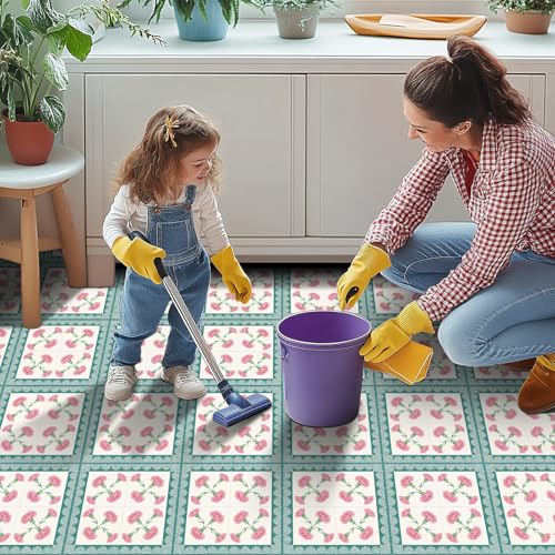 HOMETITUTE Pink Carnation Teal Peel Stick Floor Tile 12x12 Vinyl - color: Pink#1