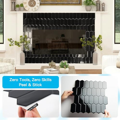 Art3d Hexagon Tile Peel and Stick Backsplash, 10-Pack, 12 x 12 Inch, Black - color: Black, size: 12 x 12 Inch