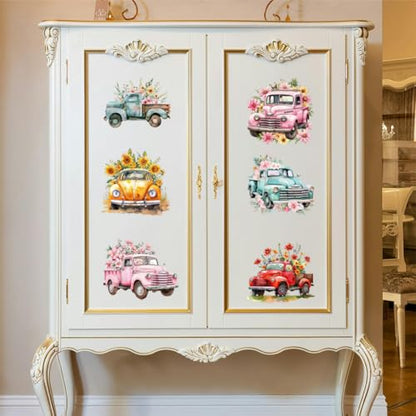 Peacoblue Flower and Truck Cars Rub On Transfers for Furniture Craft 6"x12" - style: Flower and Truck Cars