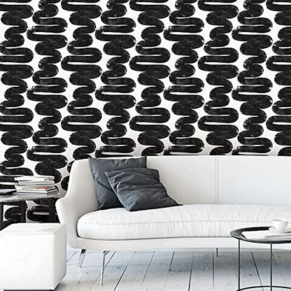 Tempaper x Bobby Berk White & Black Wiggle Room Removable Peel and Stick Wallpaper, 20.5 in X 16.5 ft, Made in The USA - color: White/Black, size: 20.5" x 198"