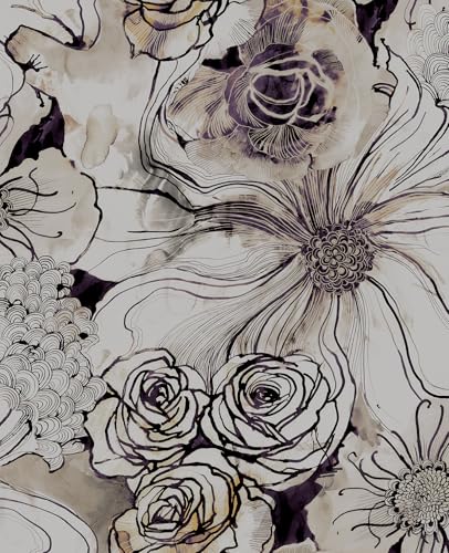 NextWall Harry & Grace Ink Rose Abstract Floral Peel and Stick Wallpaper (Metallic Silver & Plum) - color: Metallic Silver & Plum