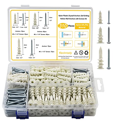 3 Sizes Self Drilling Drywall Anchors, 310PCS Nylon Plastic Wall Anchors and Screws for Drywall, No Pre Drill Hole Preparation Required,13x32mm,15x33mm,13x42mm - size: 3
