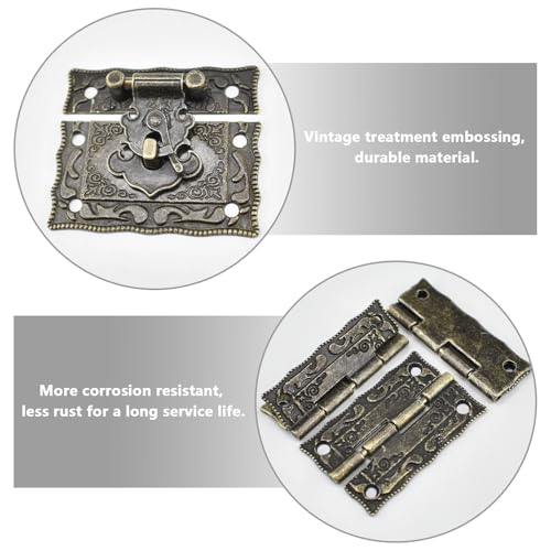 4 Sets Antique Engraved Hook Latch Hasp Hinges with Screws Kit Embossing European Gothic Style for Jewelry Wood Box Cases Repairing and Decoration, Bronze, S-hing-s4
