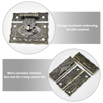 4 Sets Antique Engraved Hook Latch Hasp Hinges with Screws Kit Embossing European Gothic Style for Jewelry Wood Box Cases Repairing and Decoration, Bronze, S-hing-s4