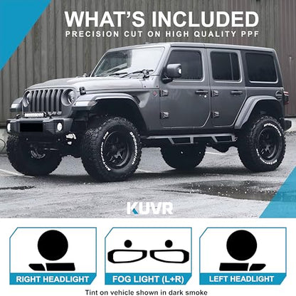 Pre-Cut Headlight Foglight Tint Kit Compatible with Jeep Wrangler 4 Door 2019-2023 | Precision Cut Stretchable PPF Vinyl Overlay Cover Wrap (Dark Smoke) - color: Dark Smoke