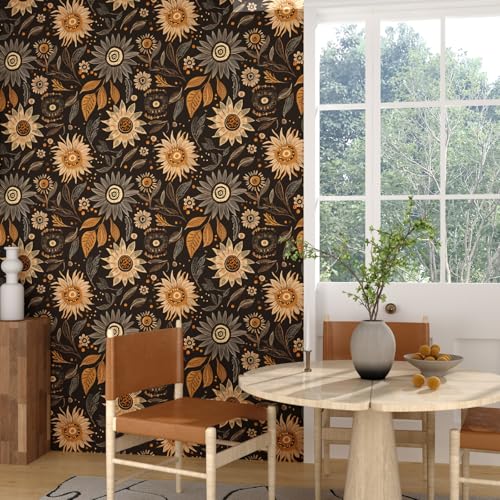 Laatse Boho Floral Wallpaper Peel and Stick 17.5" × 393", Black - color: Black,Brown, size: 393" x 17.5"