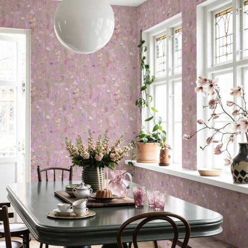 JiffDiff Purple Botanical Floral Peel and Stick Wallpaper, 17.3" x 472" - color: Purple, size: 17.3" x 472"