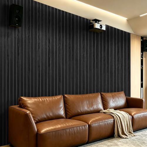3D Peel and Stick Wall Panels PVC Grille Slat 394"x15.8" Self-Adhesive Wall Sticker Soundproof Paneling for Walls and Ceiling in Faux Black Wood Grain Texture - color: Black Wood Grain, size: 394"x15.8"