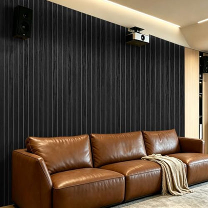 3D Peel and Stick Wall Panels PVC Grille Slat 394"x15.8" Self-Adhesive Wall Sticker Soundproof Paneling for Walls and Ceiling in Faux Black Wood Grain Texture - color: Black Wood Grain, size: 394"x15.8"